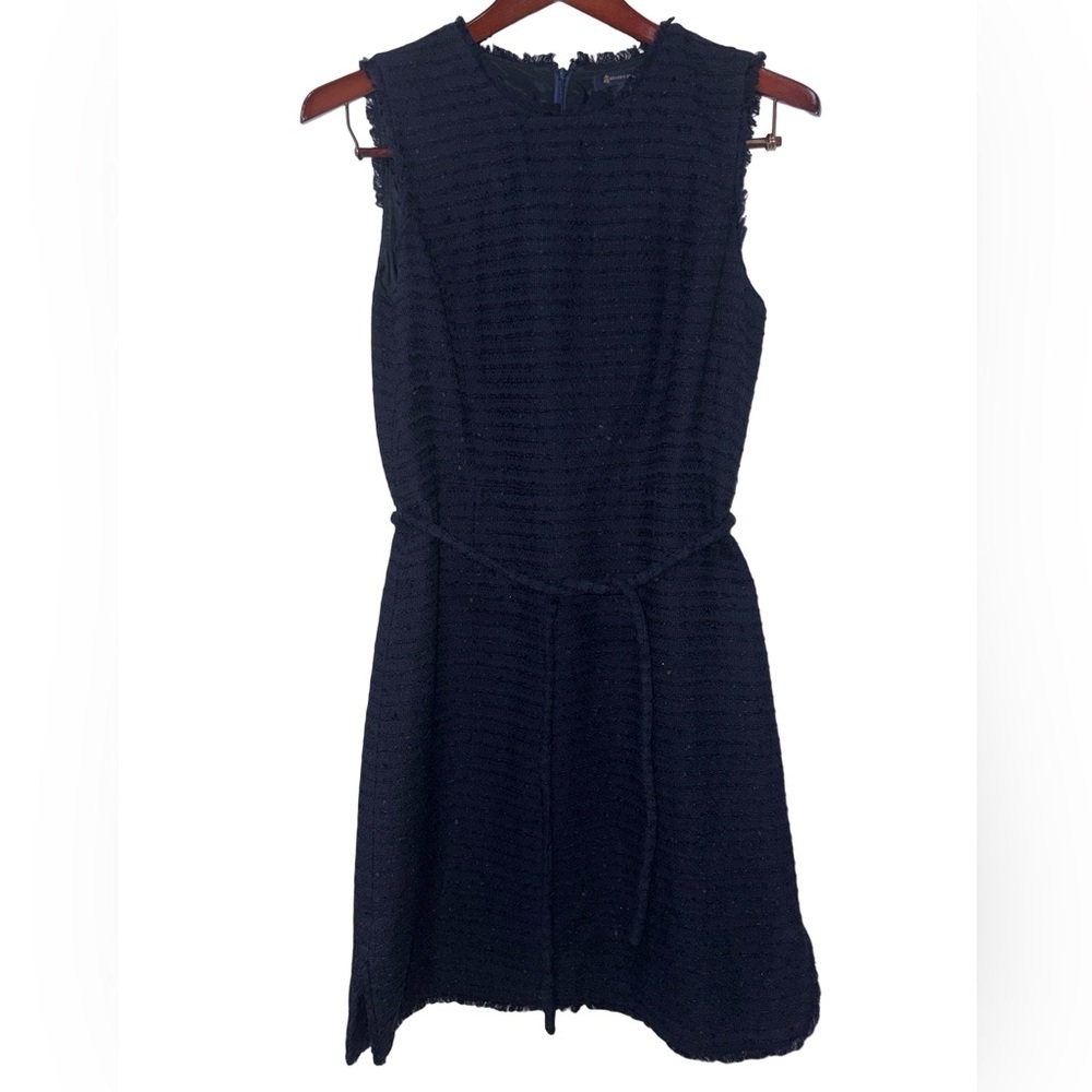 Brooks Brothers Navy Tweed Fringe Sleeveless Dress Belted Size 12